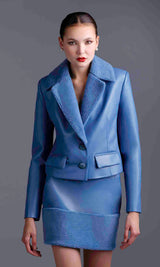 Steel Blue faux leather jacket with matching mini skirt