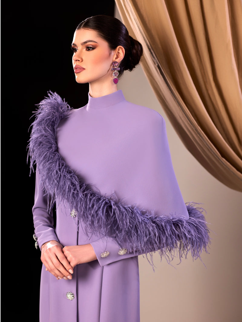 Purple abaya with feathered cape