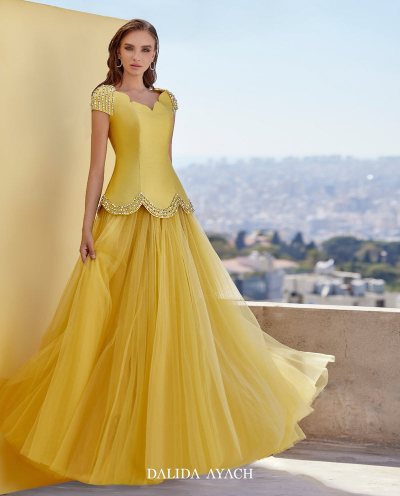 Golden Yellow Beaded Sleeve Tulle Evening Gown