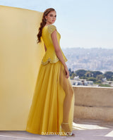 Golden Yellow Beaded Sleeve Tulle Evening Gown