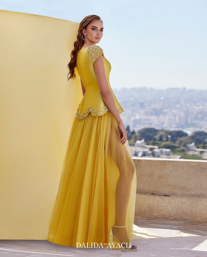 Golden Yellow Beaded Sleeve Tulle Evening Gown