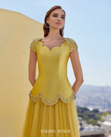 Golden Yellow Beaded Sleeve Tulle Evening Gown