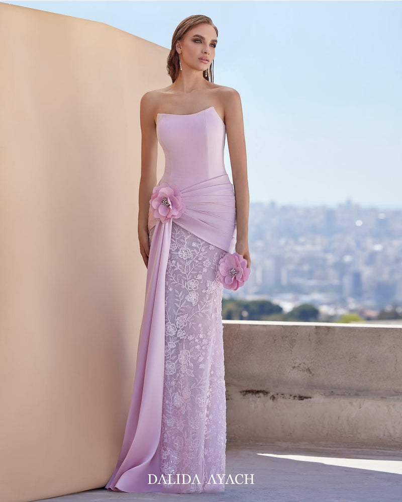 Lilac Strapless Floral Embellished Evening Gown