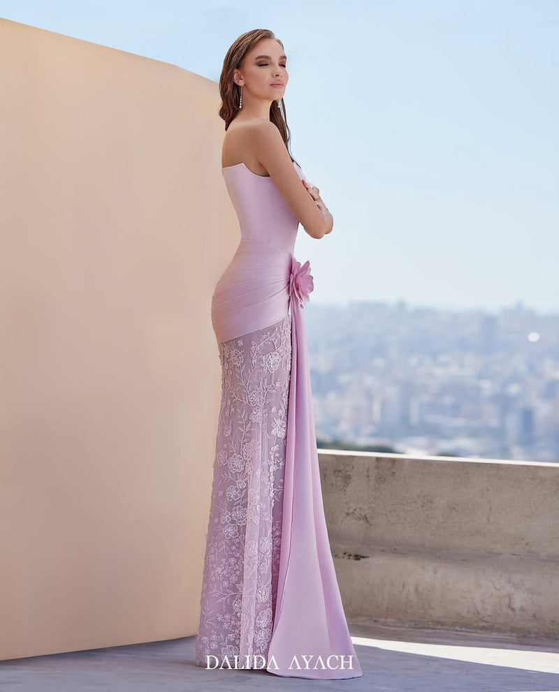 Lilac Strapless Floral Embellished Evening Gown