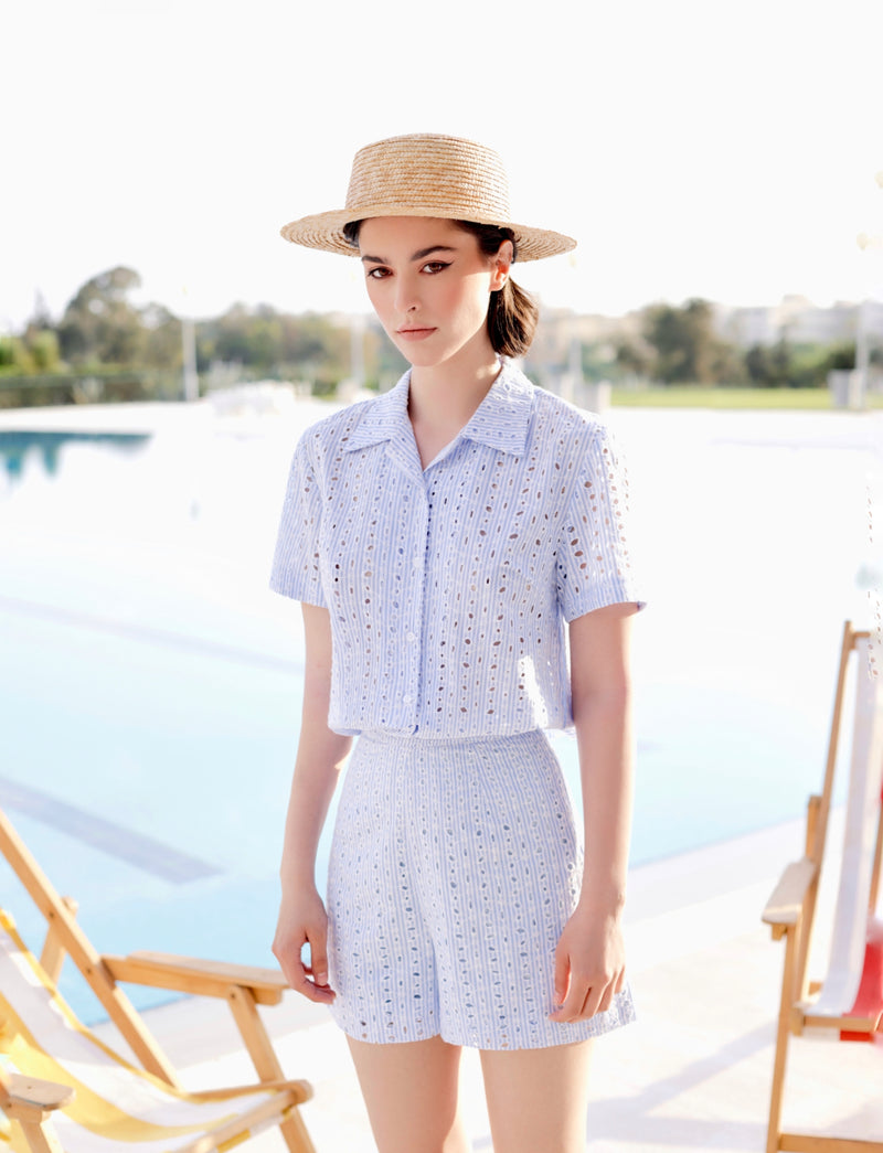 Blue striped broderie anglaise set