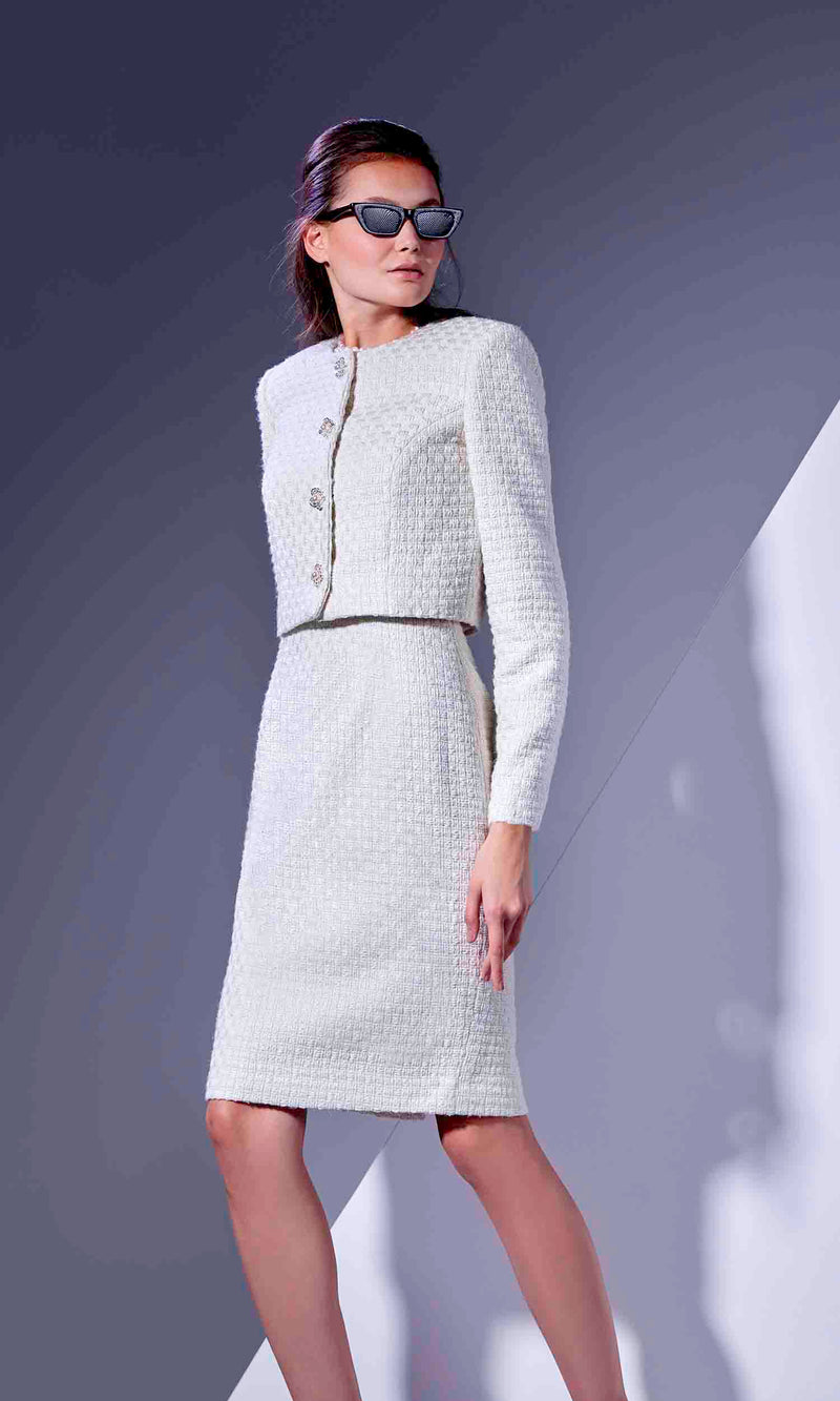 white tweed dress midi Pleated Tweed Flare Midi Dress White Tweed