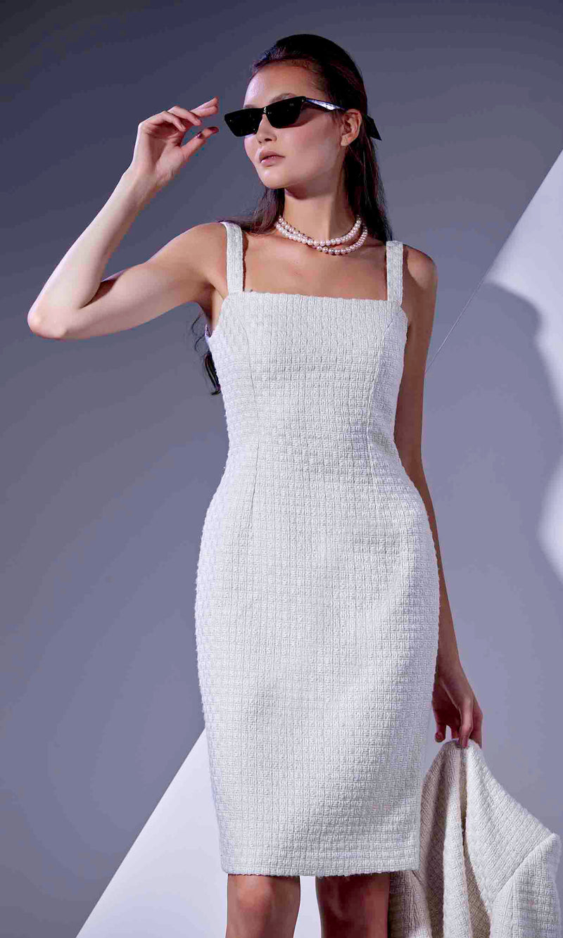 Pearl White Tweed Midi Cropped Blazer With Tweed Midi Dress