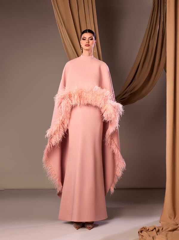 Pink abaya with a feathered cape