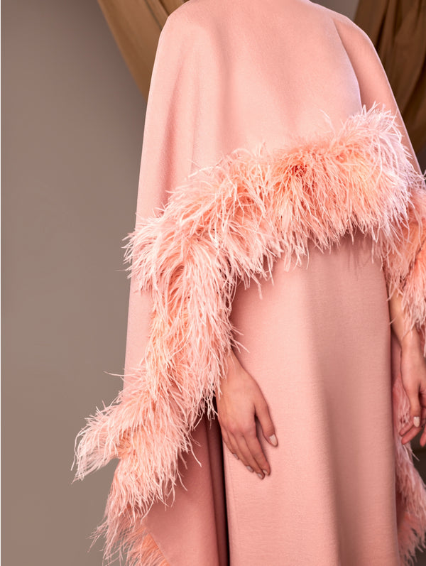 Pink abaya with a feathered cape